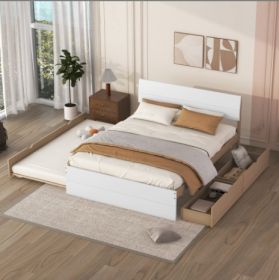 Modern Full Bed Frame With Twin Size Trundle And 2 Drawers For White High Gloss And Washed (Color: Brown)