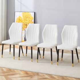 4 Modern Dining Chairs With Stylish PU Patterned Backrest And Black Metal Legs For A Comfortable Home Experience In The Kitchen, Bedroom And Office. (Color: White)