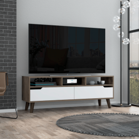 Kobe Tv Stand for TVÂ´s, Three Open Shelves, Two Flexible Drawers (Color: Dark Walnut / White)