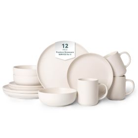 12-Piece Stoneware Dinnerware Sets with Mugs | Microwave & Dishwasher Safe | FDA Certified Non-Toxic Dinner Plates Bowls Set | Stackable Matte Glaze K (Main Color: White, Main Material: Stone)